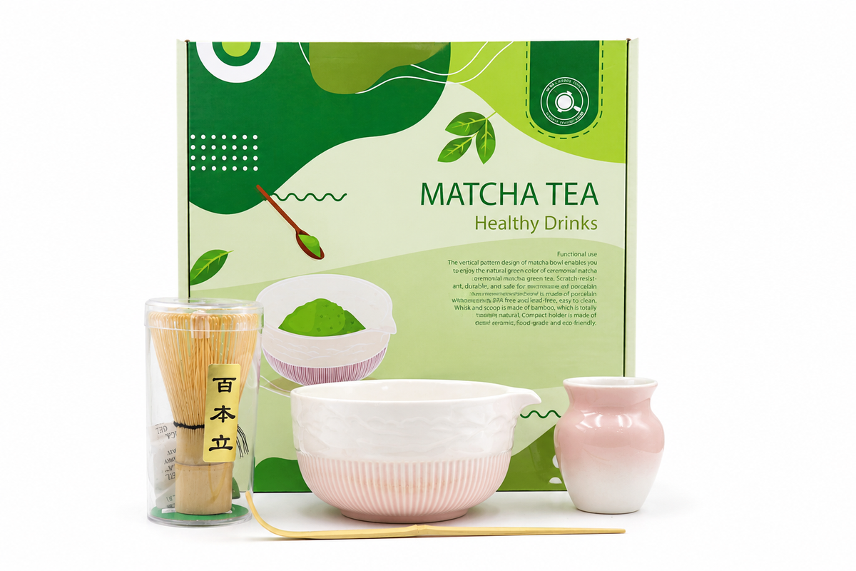 طقم ماتشا - وردي وأبيض